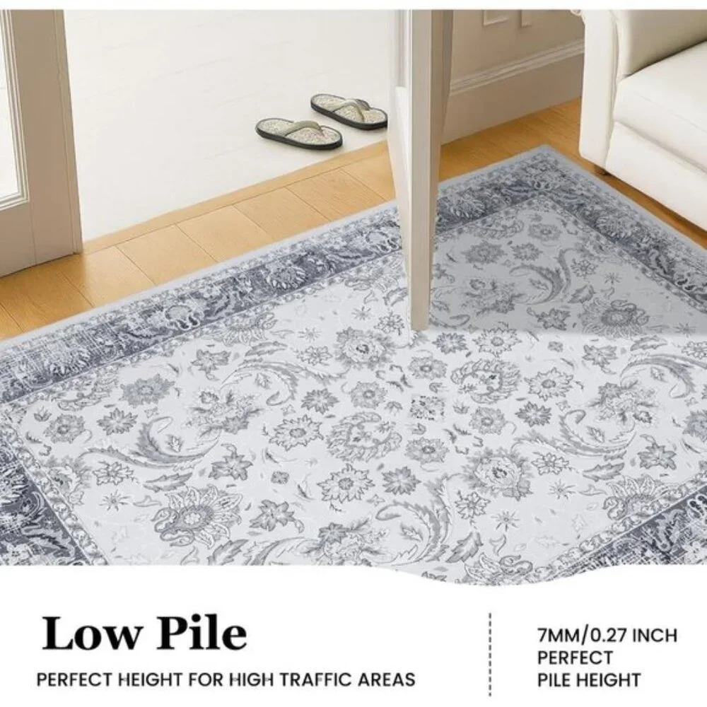 New 4x6 Grey Washable Area Rug, Non-Slip Low Pile Vintage Carpet for Home & Room